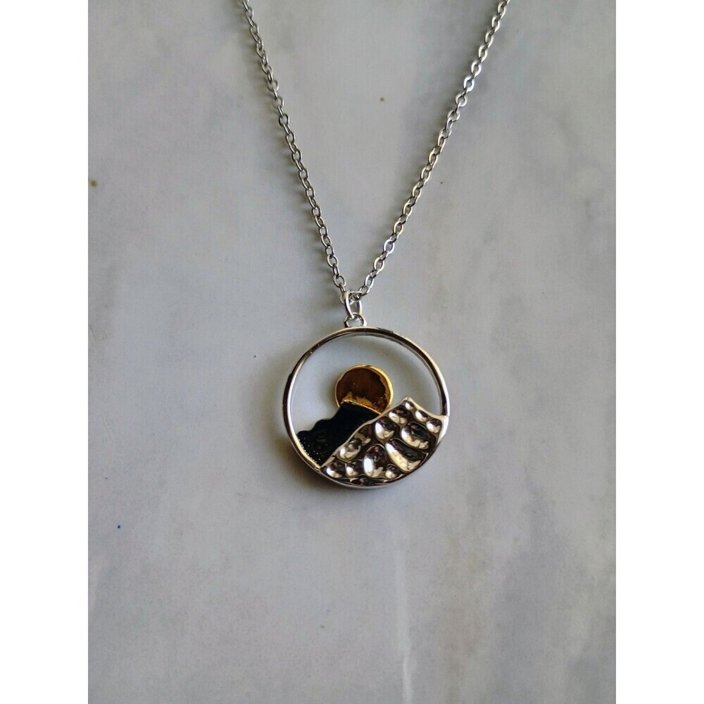 Mountain Range Peaks Necklace w/ Bronze Sun Charm Sunset Pendant - Silver Tone